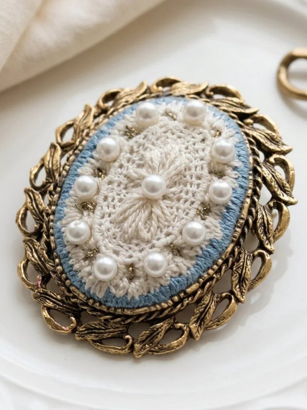 Vintage Gold Tone Crochet & Faux Pearl Oval Brooch | Victorian Revival